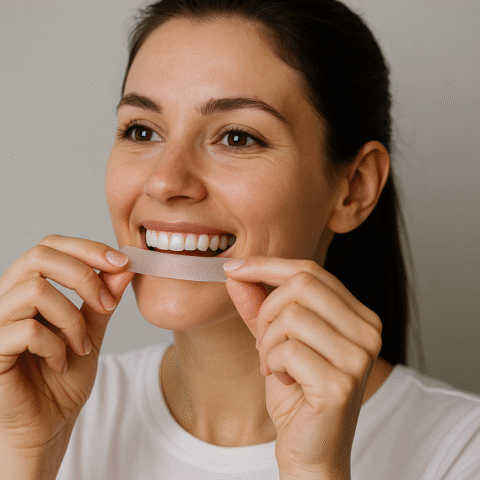 a lady using whitening strips